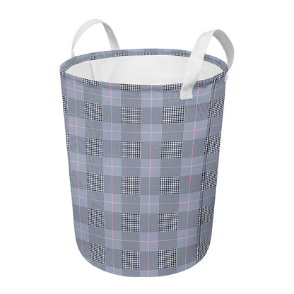 Navy Blue Prince of Wales Check Print Round Laundry Basket