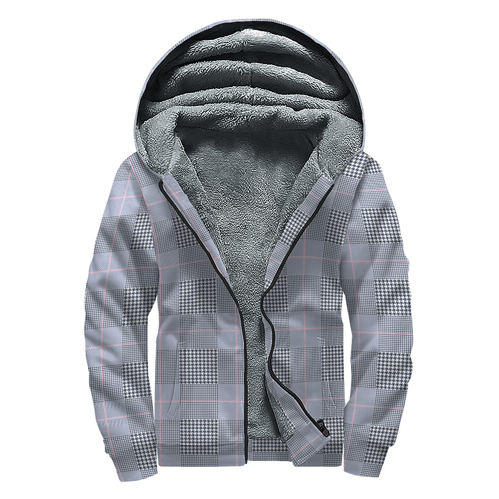 Navy Blue Prince of Wales Check Print Sherpa Lined Zip Up Hoodie