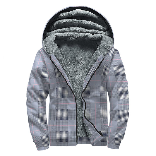 Navy Blue Prince of Wales Check Print Sherpa Lined Zip Up Hoodie