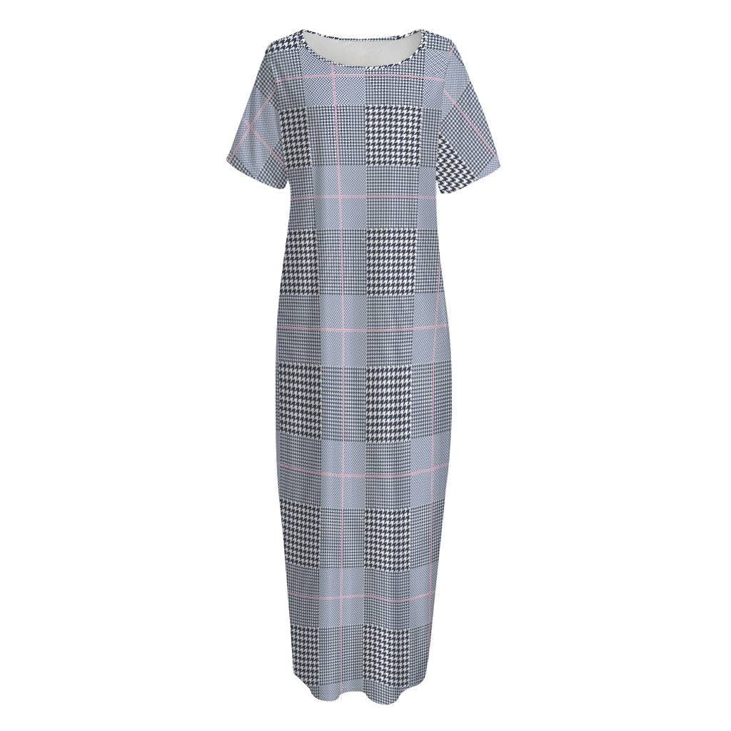 Navy Blue Prince of Wales Check Print Short Sleeve Long Nightdress