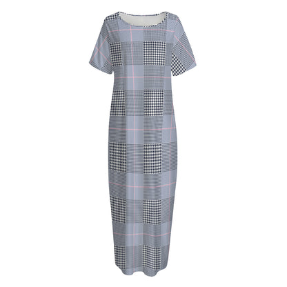 Navy Blue Prince of Wales Check Print Short Sleeve Long Nightdress
