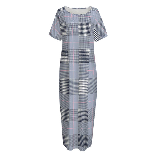 Navy Blue Prince of Wales Check Print Short Sleeve Long Nightdress