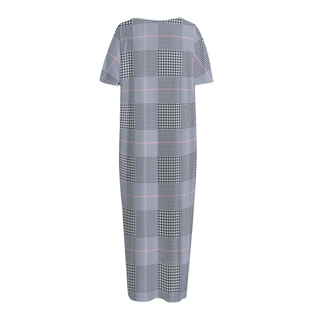 Navy Blue Prince of Wales Check Print Short Sleeve Long Nightdress