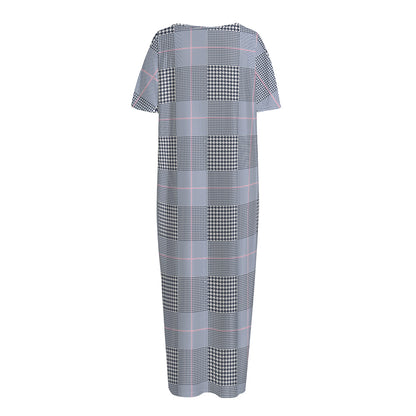 Navy Blue Prince of Wales Check Print Short Sleeve Long Nightdress