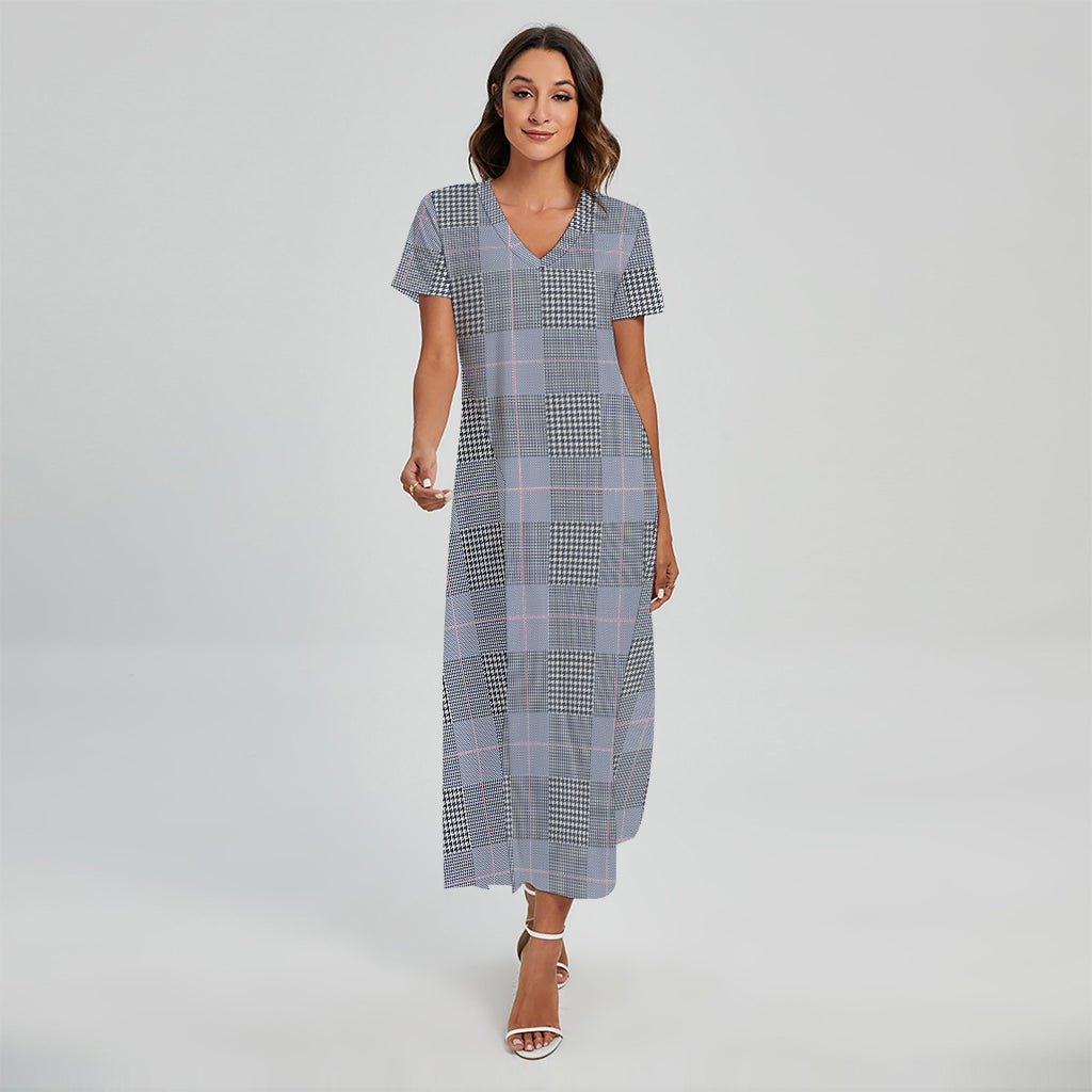 Navy Blue Prince of Wales Check Print Short Sleeve Maxi Dress