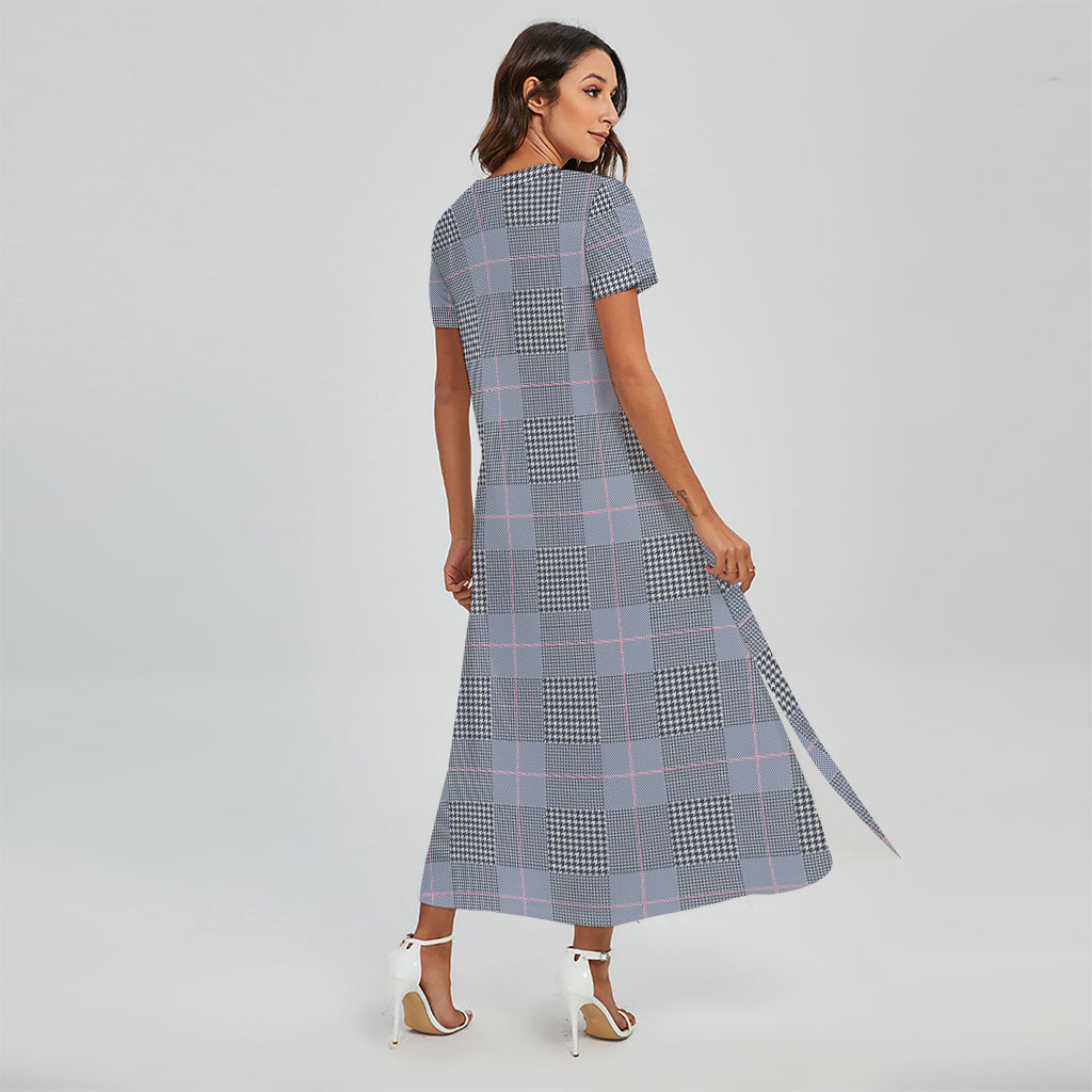 Navy Blue Prince of Wales Check Print Short Sleeve Maxi Dress