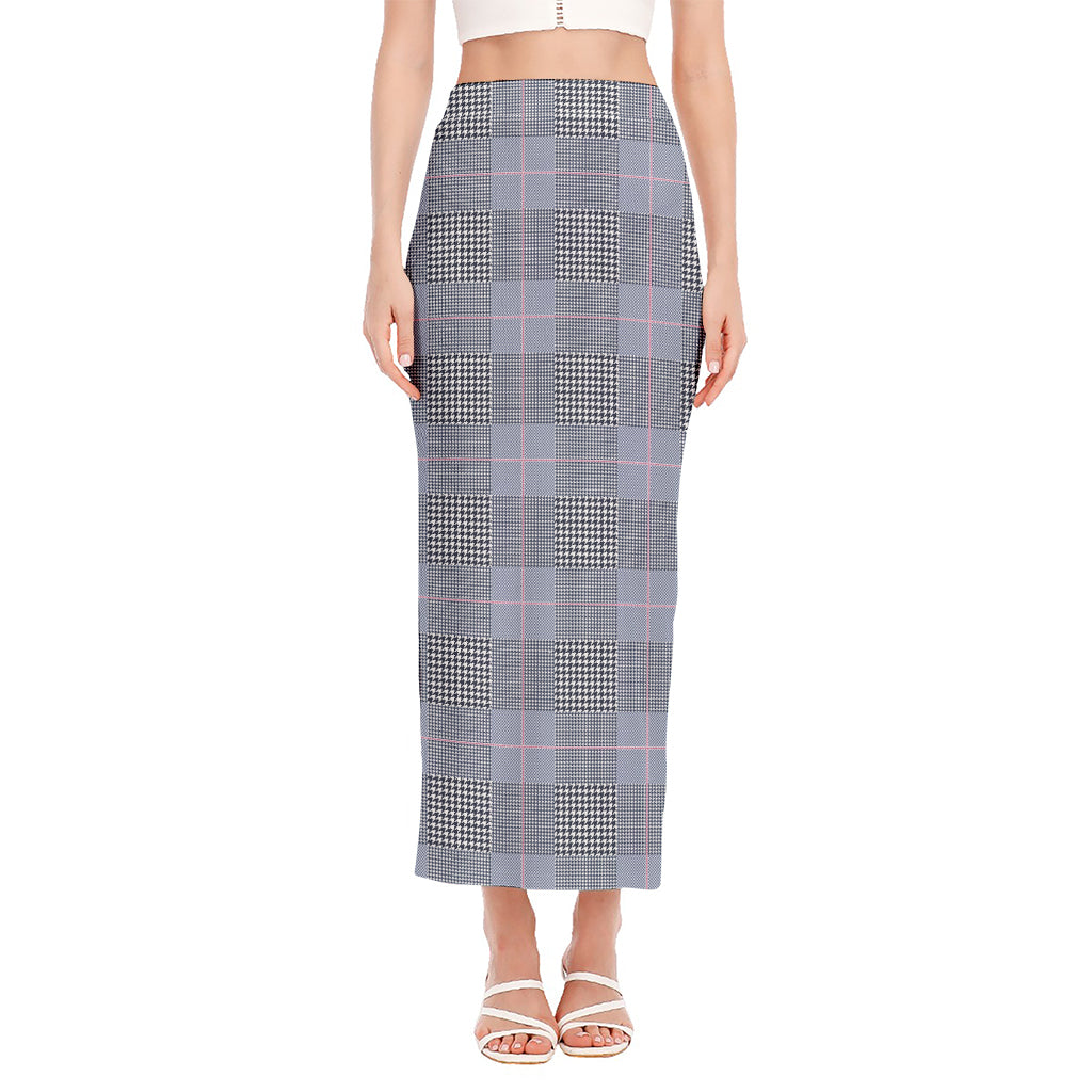 Navy Blue Prince of Wales Check Print Side Slit Maxi Skirt