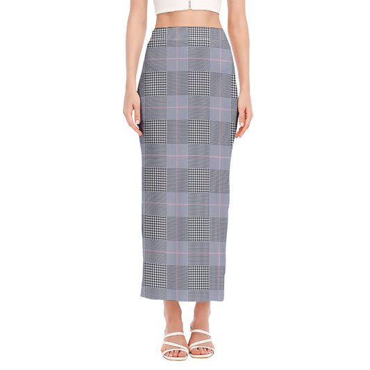 Navy Blue Prince of Wales Check Print Side Slit Maxi Skirt