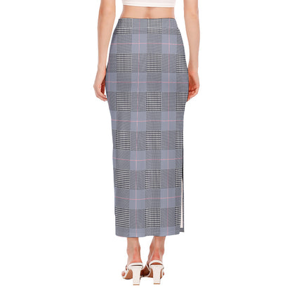Navy Blue Prince of Wales Check Print Side Slit Maxi Skirt