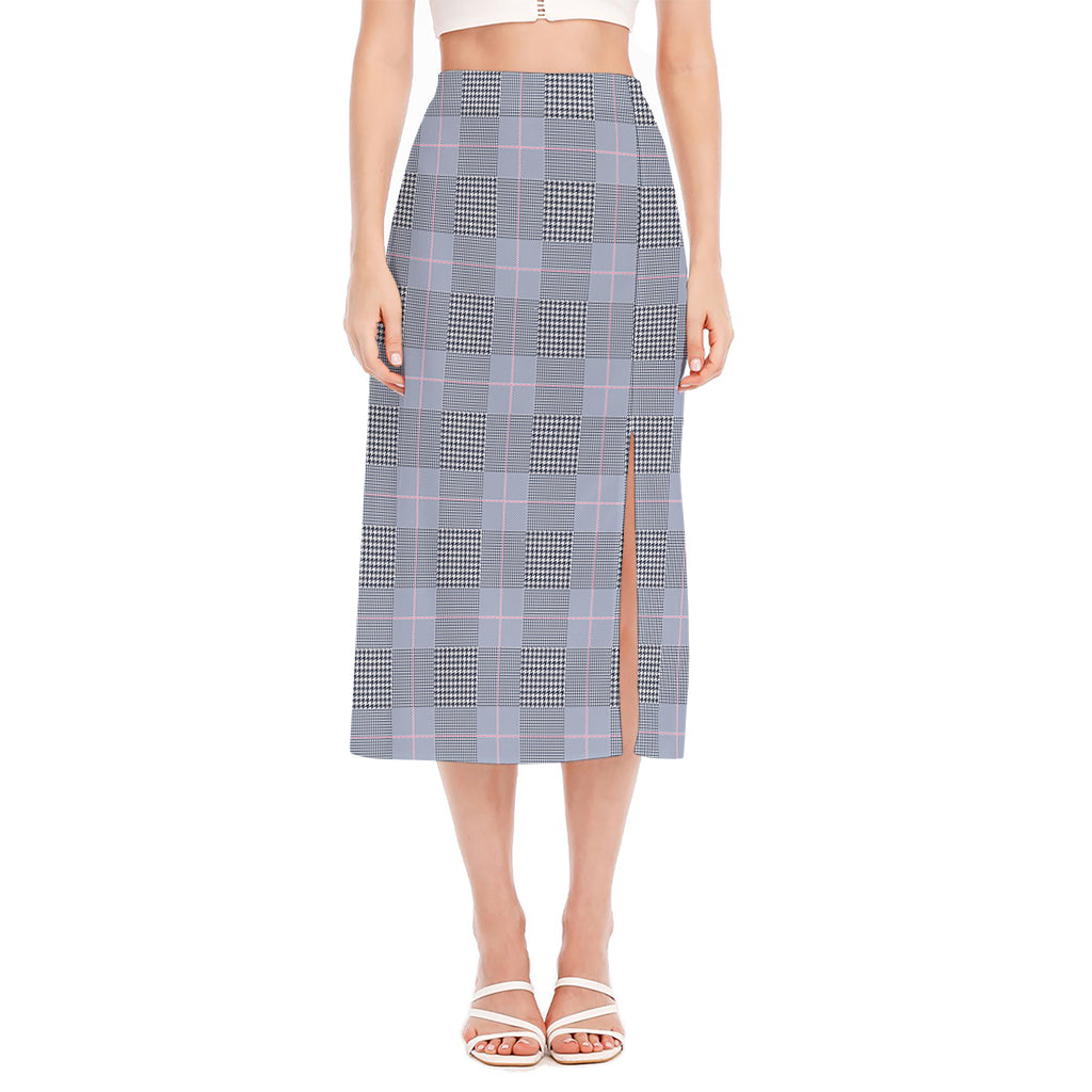 Navy Blue Prince of Wales Check Print Side Slit Midi Skirt