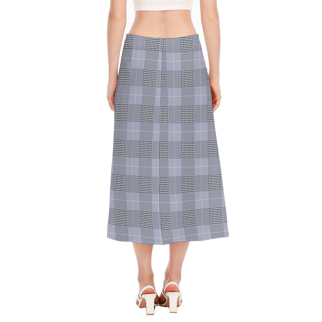 Navy Blue Prince of Wales Check Print Side Slit Midi Skirt