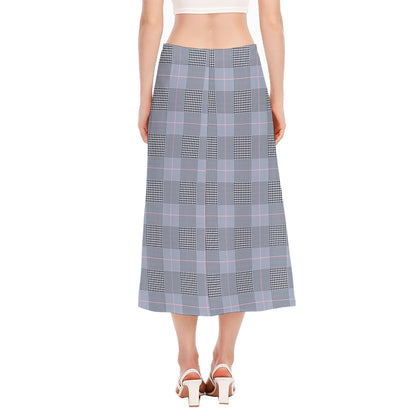 Navy Blue Prince of Wales Check Print Side Slit Midi Skirt