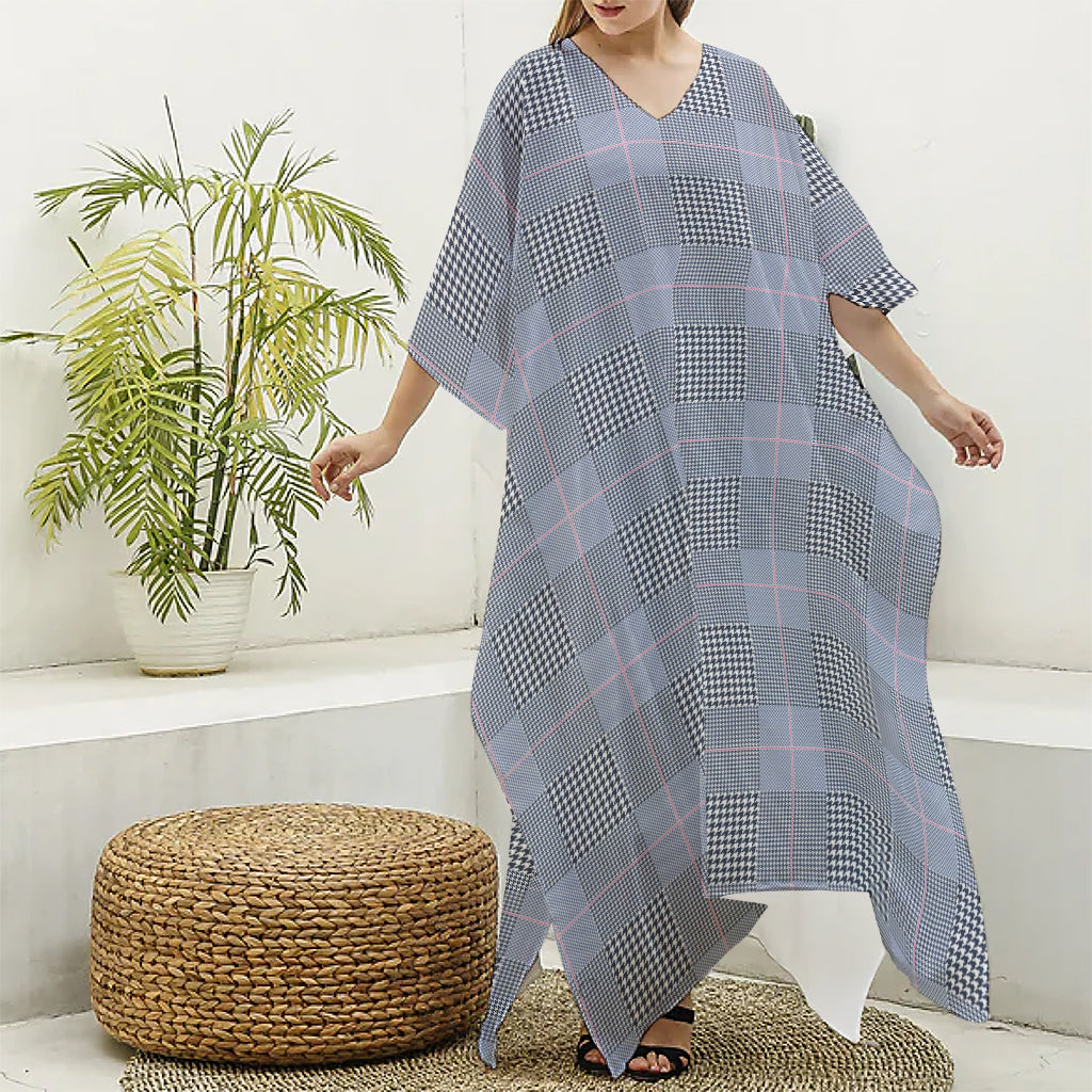 Navy Blue Prince of Wales Check Print Silk V-Neck Kaftan Dress
