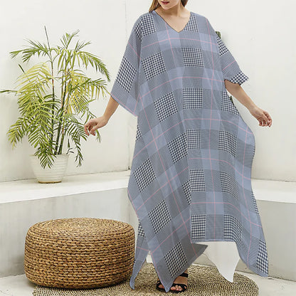 Navy Blue Prince of Wales Check Print Silk V-Neck Kaftan Dress