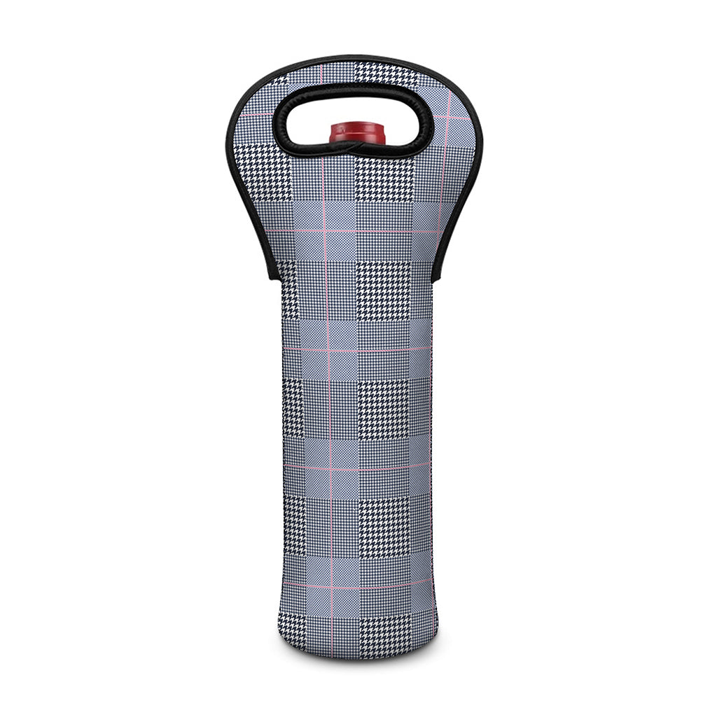 Navy Blue Prince of Wales Check Print Single Neoprene Wine Tote