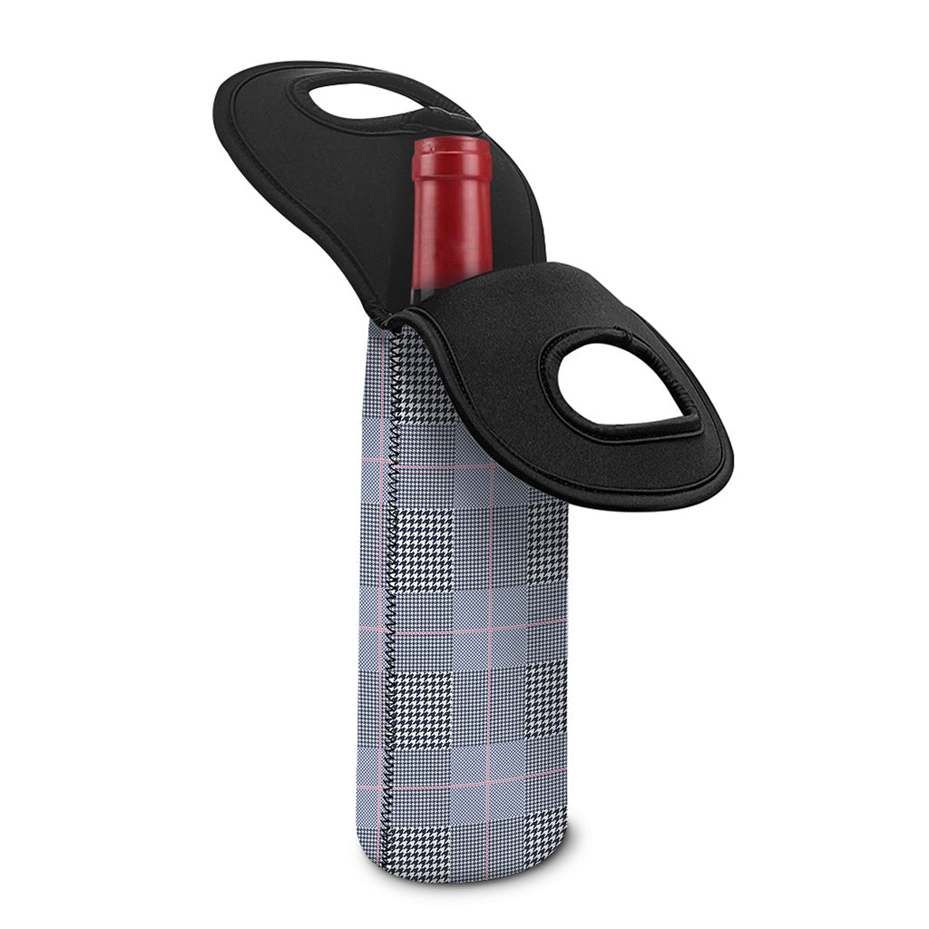 Navy Blue Prince of Wales Check Print Single Neoprene Wine Tote