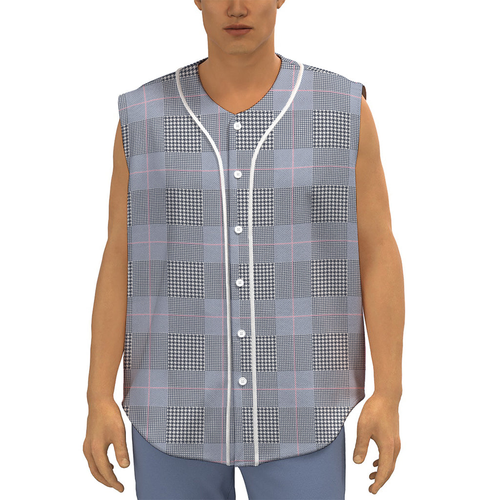 Navy Blue Prince of Wales Check Print Sleeveless Baseball Jersey
