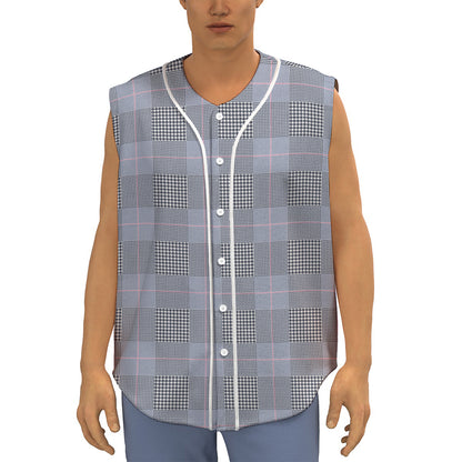 Navy Blue Prince of Wales Check Print Sleeveless Baseball Jersey