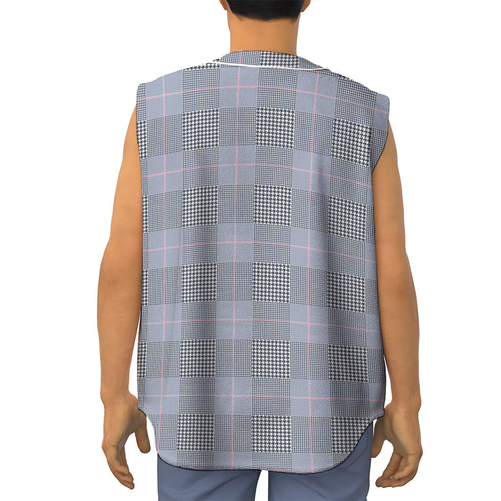 Navy Blue Prince of Wales Check Print Sleeveless Baseball Jersey