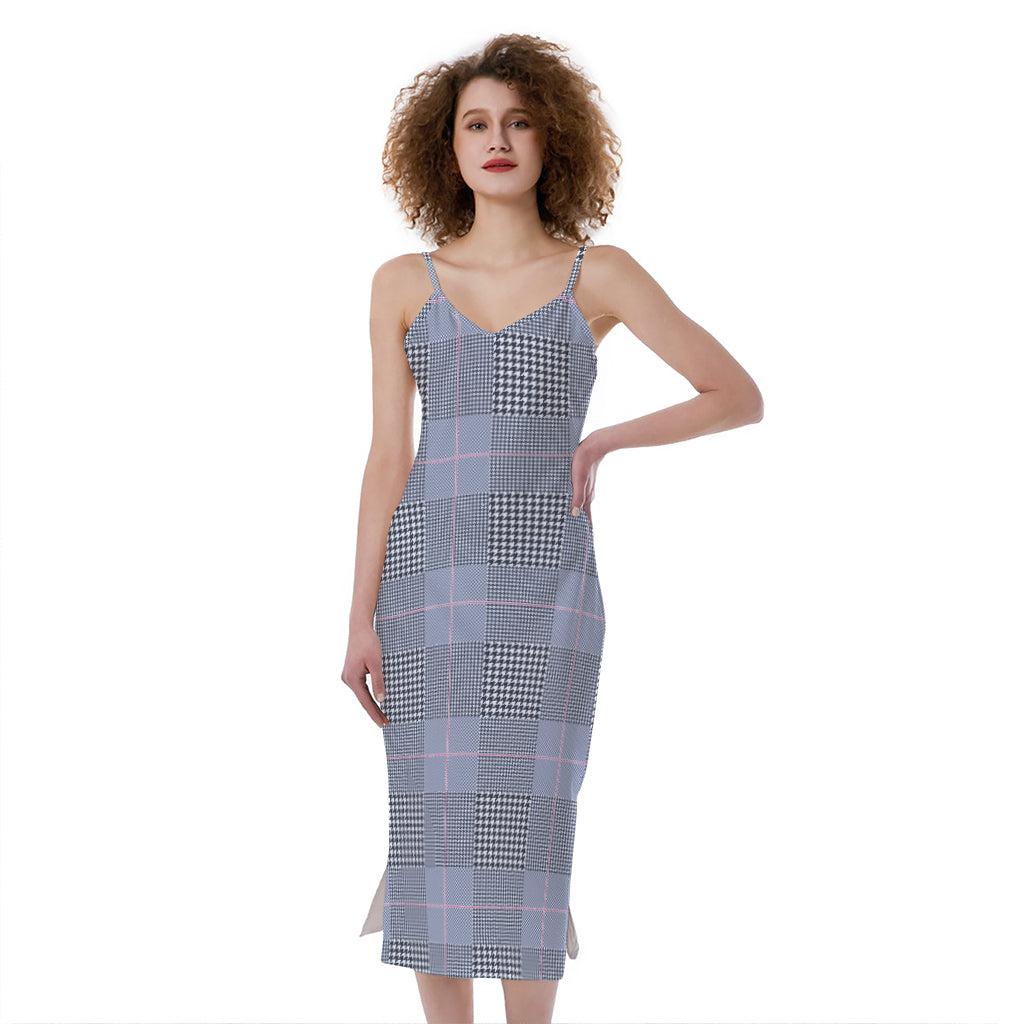 Navy Blue Prince of Wales Check Print Slim Fit Midi Cami Dress