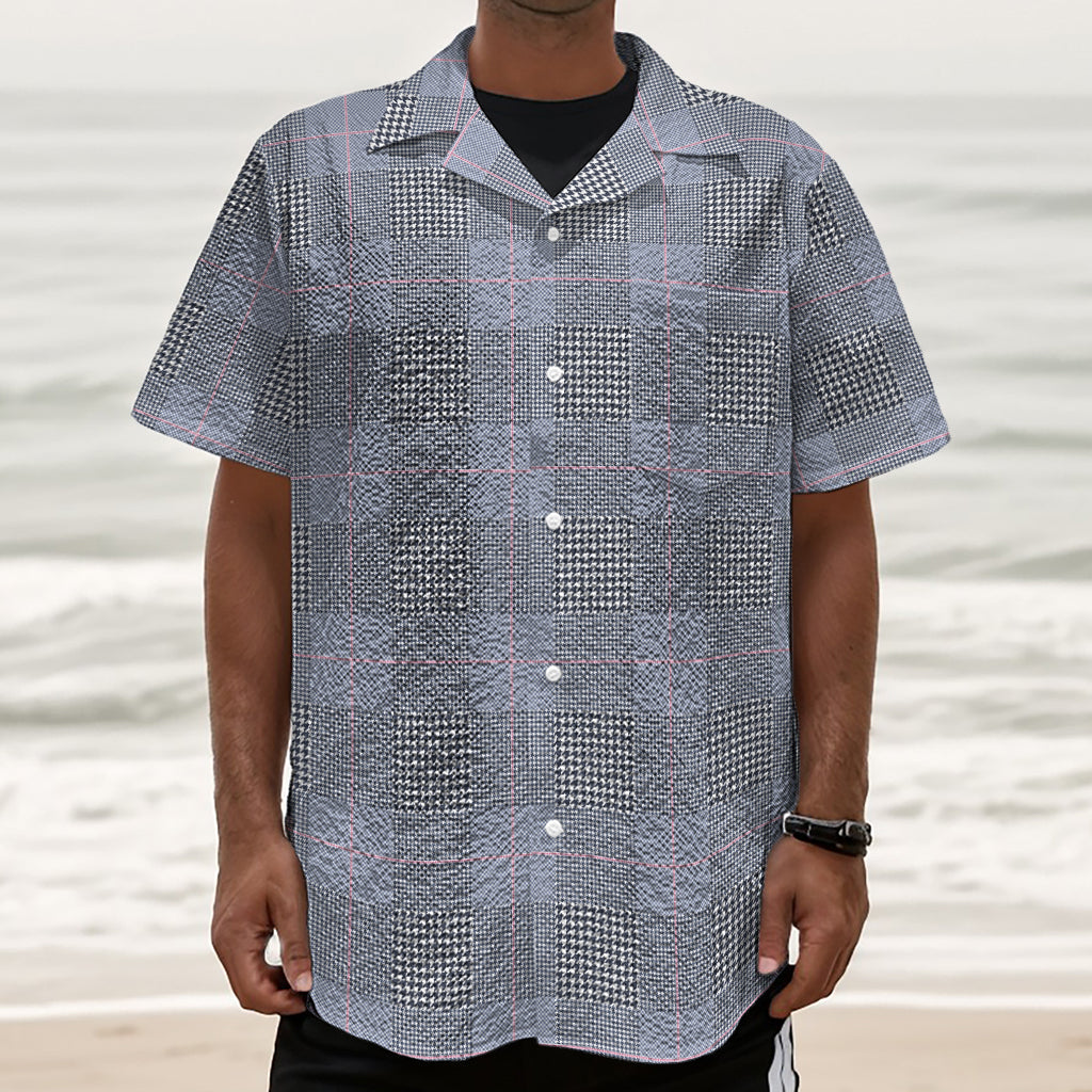 Navy Blue Prince of Wales Check Print Textured Short Sleeve Shirt