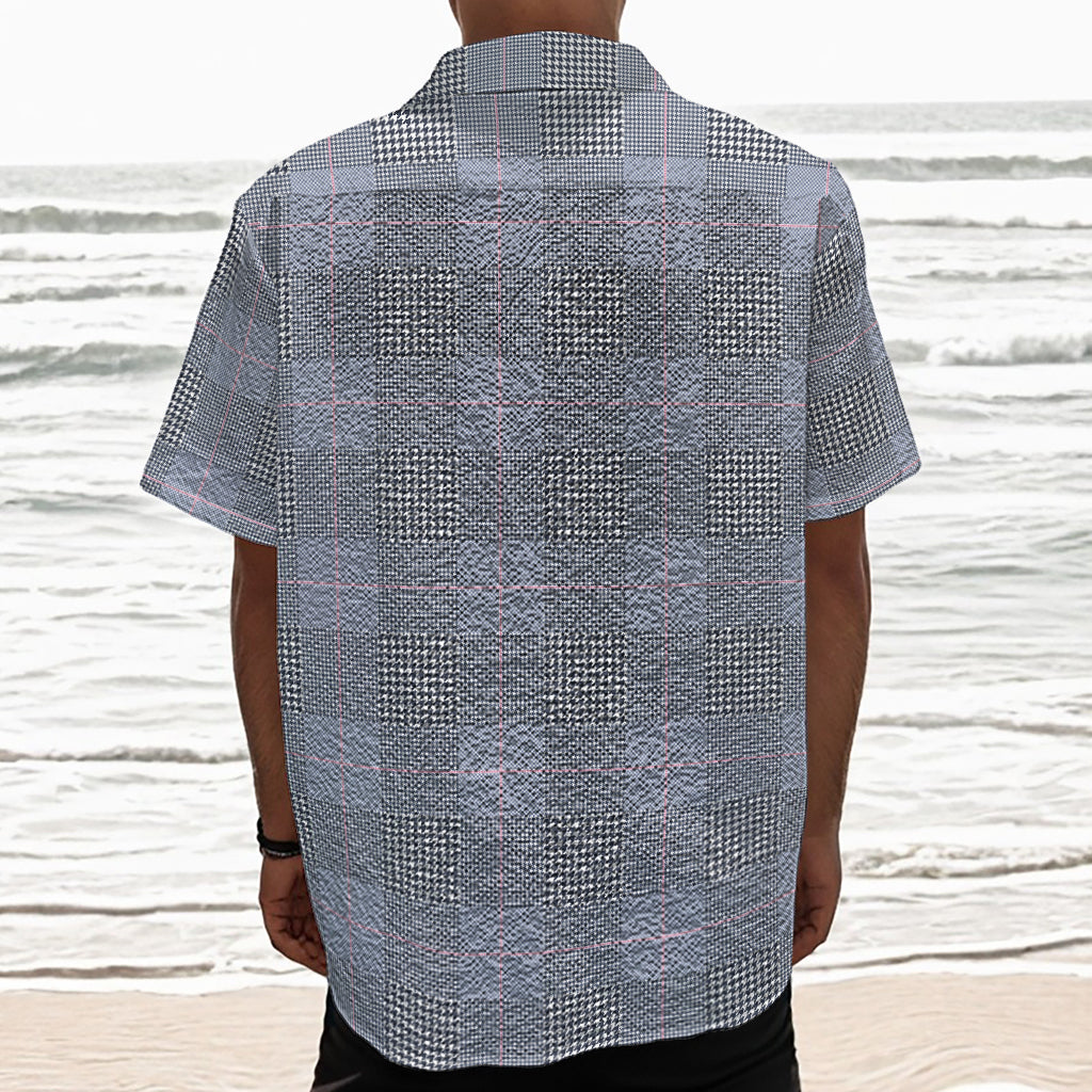 Navy Blue Prince of Wales Check Print Textured Short Sleeve Shirt