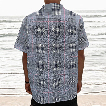 Navy Blue Prince of Wales Check Print Textured Short Sleeve Shirt