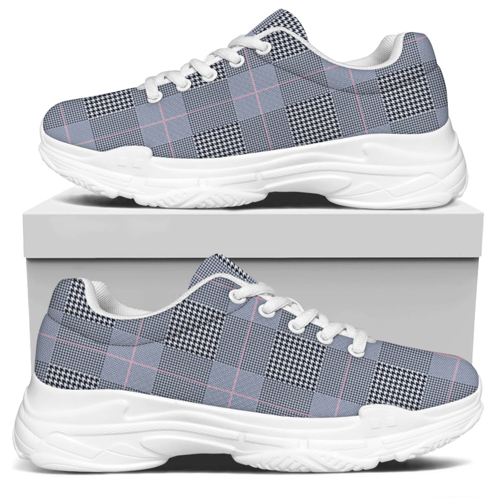 Navy Blue Prince of Wales Check Print White Chunky Shoes