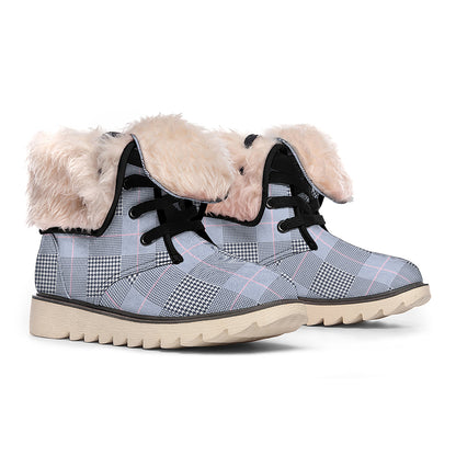 Navy Blue Prince of Wales Check Print Winter Boots