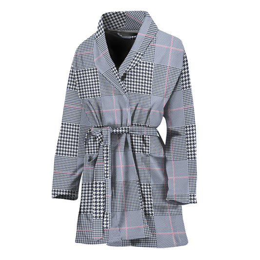 Navy Blue Prince of Wales Check Print Women's Bathrobe