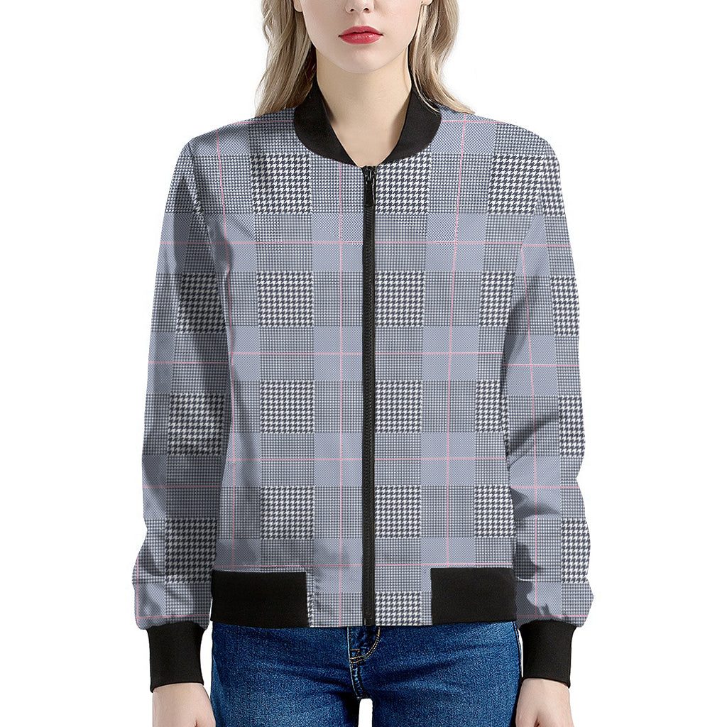Navy Blue Prince of Wales Check Print Women's Bomber Jacket