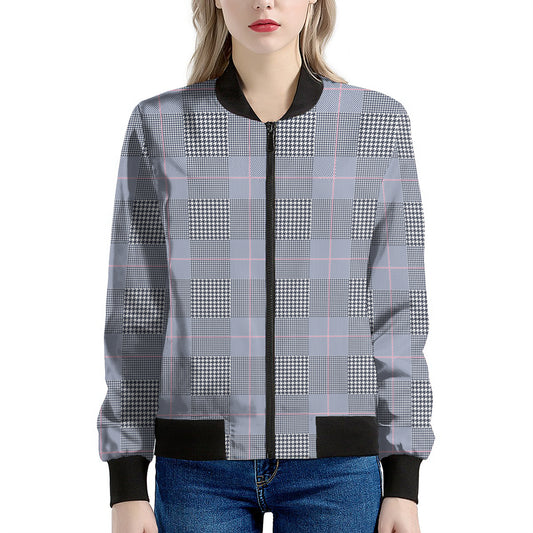 Navy Blue Prince of Wales Check Print Women's Bomber Jacket
