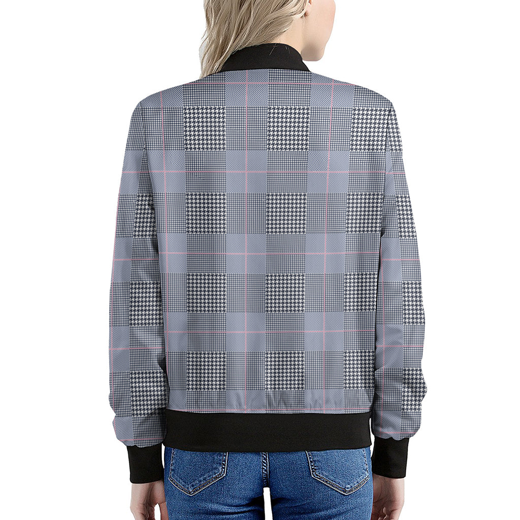 Navy Blue Prince of Wales Check Print Women's Bomber Jacket