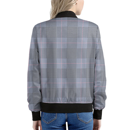 Navy Blue Prince of Wales Check Print Women's Bomber Jacket