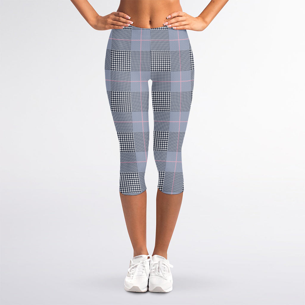 Navy Blue Prince of Wales Check Print Women's Capri Leggings