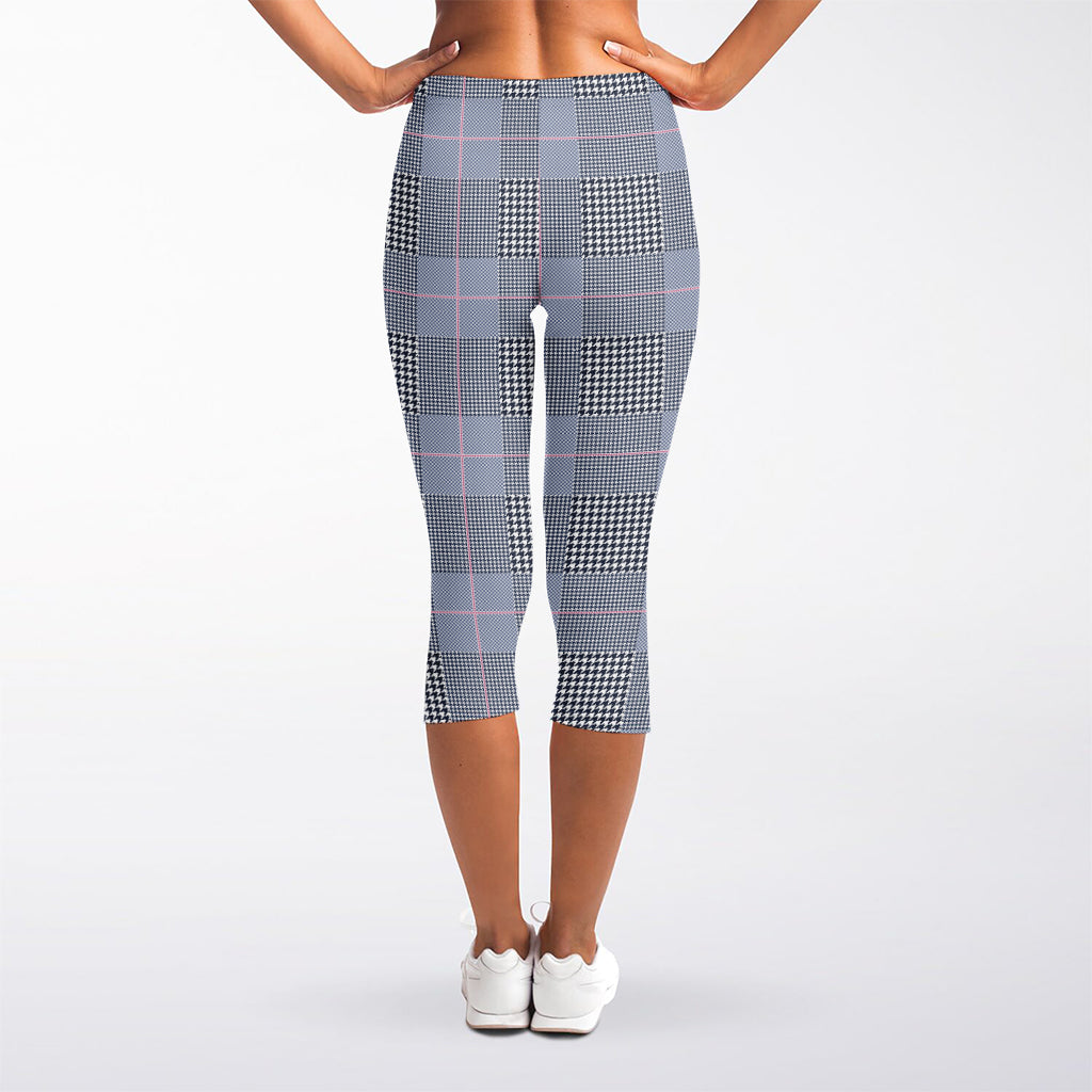 Navy Blue Prince of Wales Check Print Women's Capri Leggings