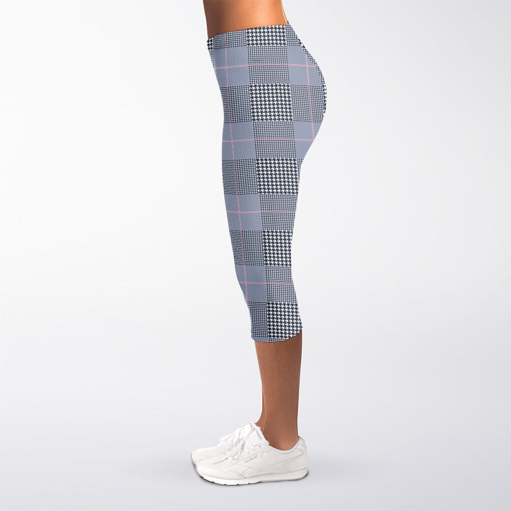 Navy Blue Prince of Wales Check Print Women's Capri Leggings