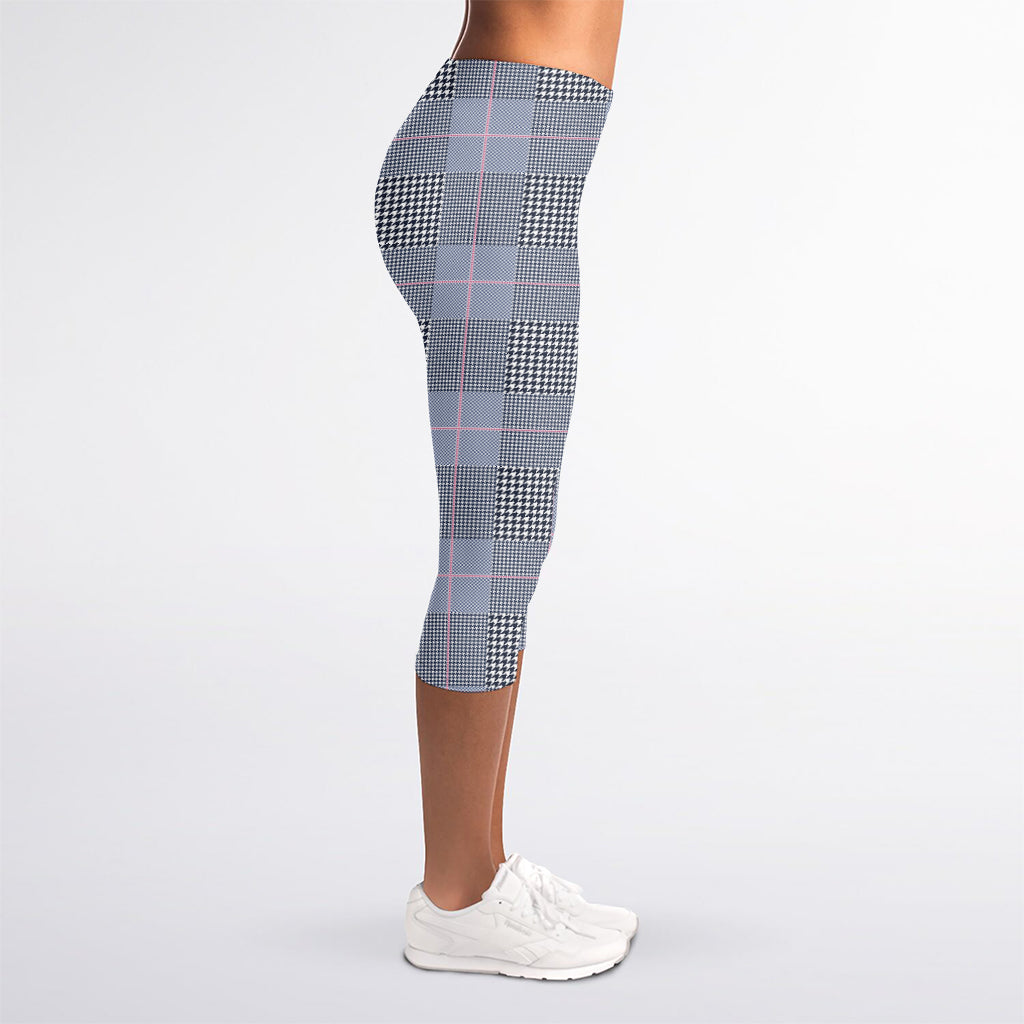 Navy Blue Prince of Wales Check Print Women's Capri Leggings