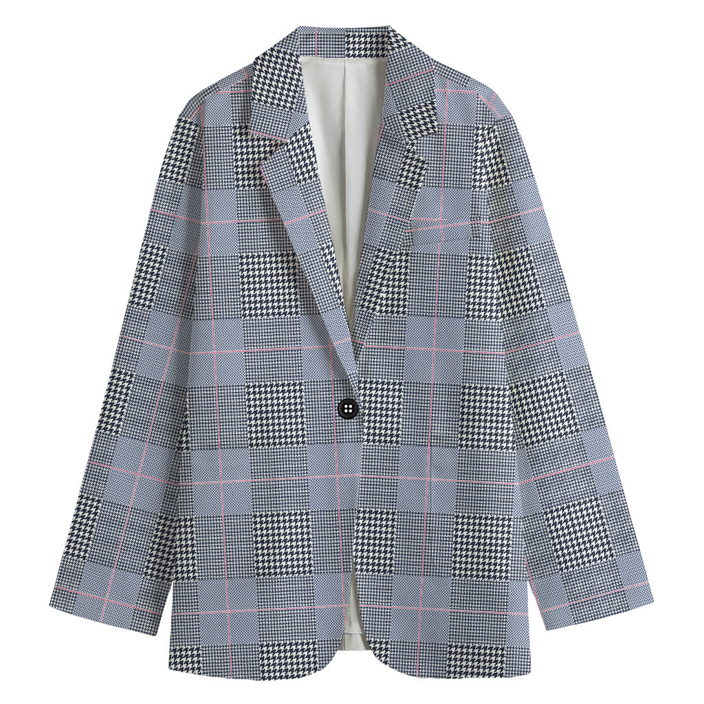 Navy Blue Prince of Wales Check Print Women's Cotton Blazer