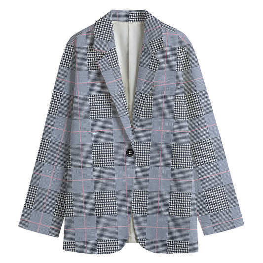 Navy Blue Prince of Wales Check Print Women's Cotton Blazer