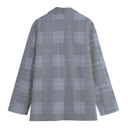 Navy Blue Prince of Wales Check Print Women's Cotton Blazer