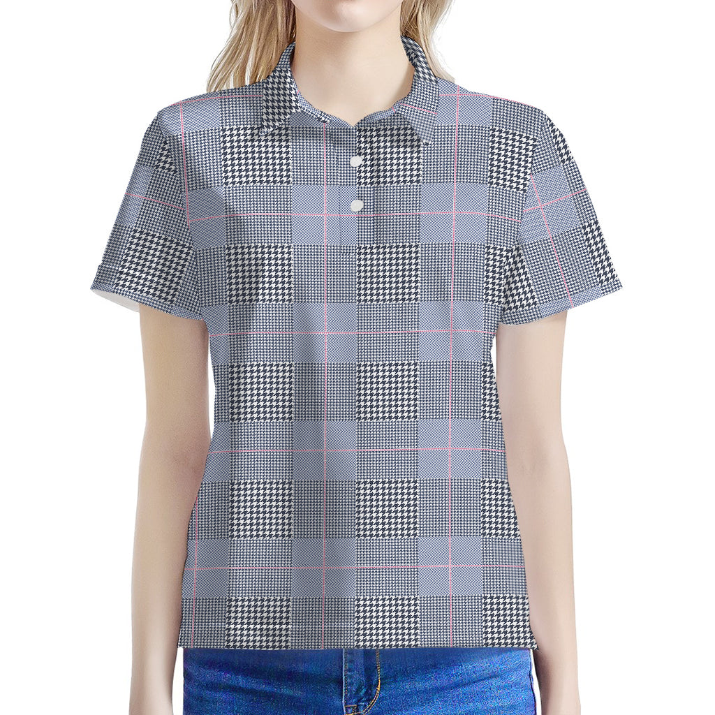 Navy Blue Prince of Wales Check Print Women's Polo Shirt