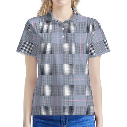 Navy Blue Prince of Wales Check Print Women's Polo Shirt