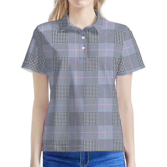 Navy Blue Prince of Wales Check Print Women's Polo Shirt