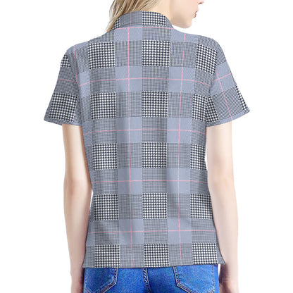 Navy Blue Prince of Wales Check Print Women's Polo Shirt