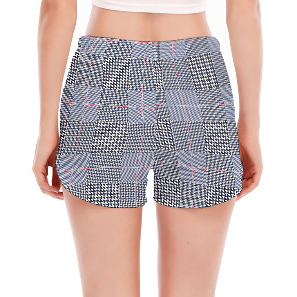 Navy Blue Prince of Wales Check Print Women's Split Running Shorts