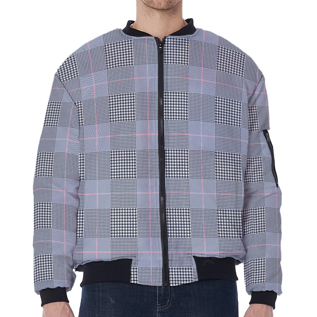 Navy Blue Prince of Wales Check Print Zip Sleeve Bomber Jacket