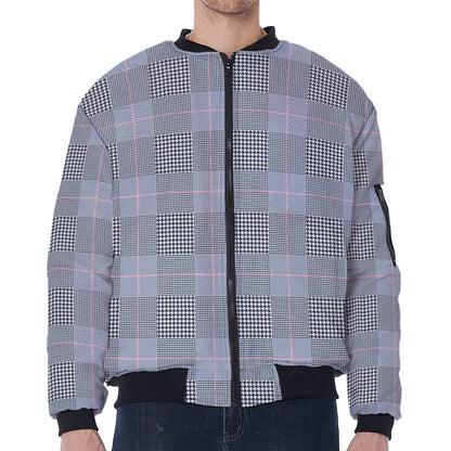 Navy Blue Prince of Wales Check Print Zip Sleeve Bomber Jacket