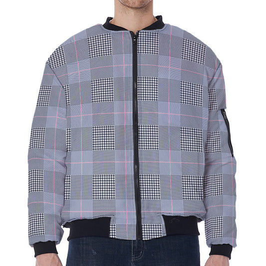 Navy Blue Prince of Wales Check Print Zip Sleeve Bomber Jacket