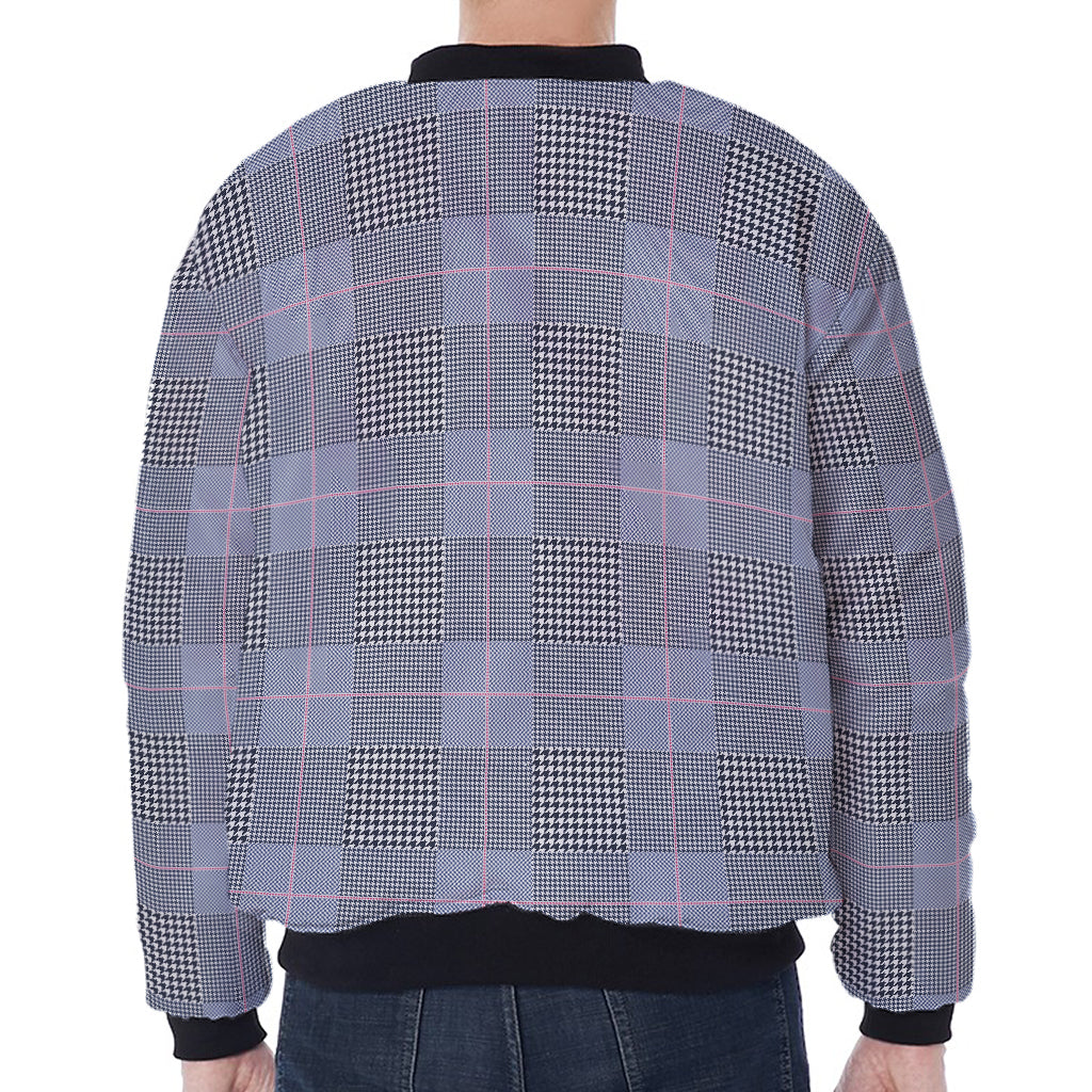 Navy Blue Prince of Wales Check Print Zip Sleeve Bomber Jacket